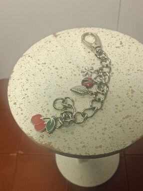 Silver Bracelet/Purse Charm with Red Cherry and Green Leaf Charms